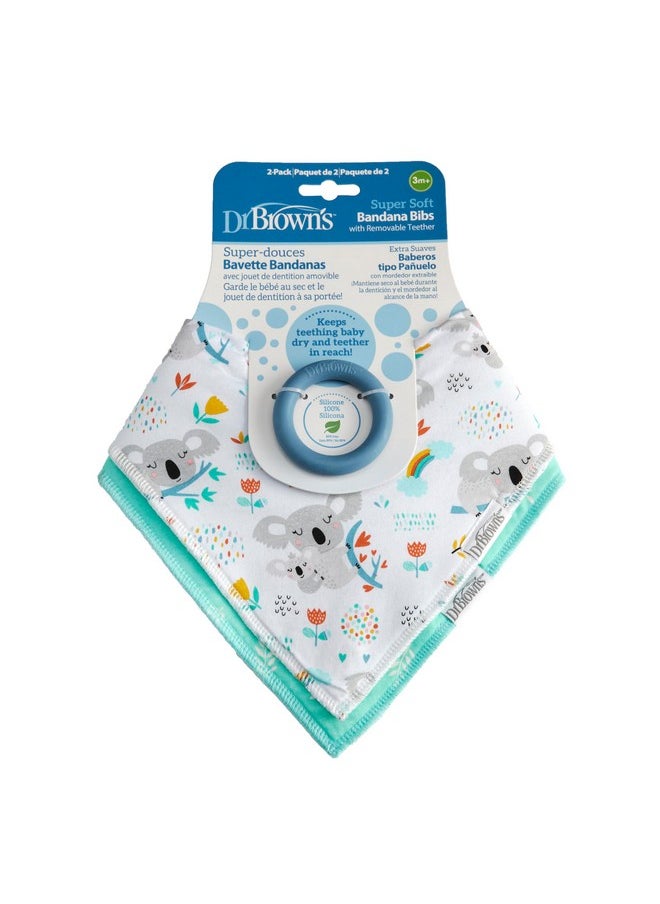 Dr. Brown's Bandana Bibs with Snap-On Removable Teether, Cotton Baby Bib with Soft Fleece Lining for Teething & Drooling, Koalas/Leaves, 2 Pack, 3m+