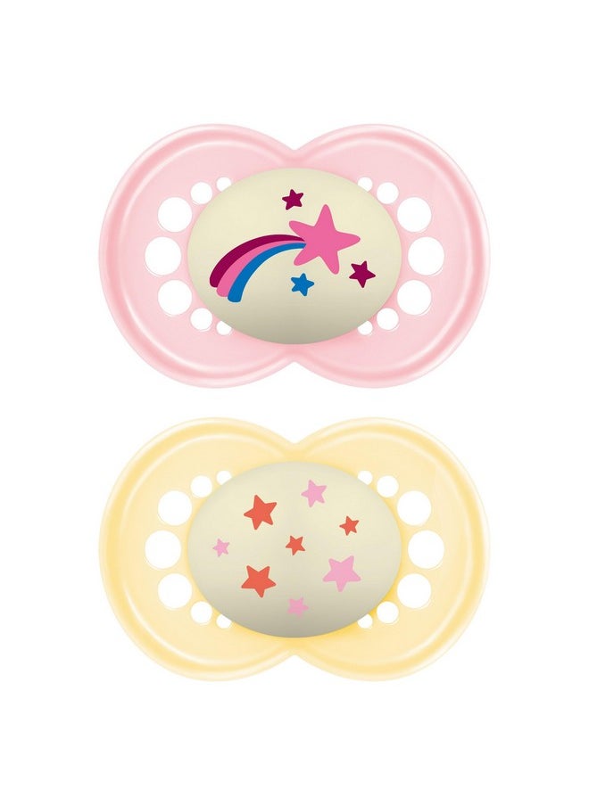 MAM Night Pacifiers (2 Count), MAM Pacifiers 6+ Months, Best Pacifier for Breastfed Babies, Glow in the Dark Pacifier, Baby Girl Pacifier (Design may vary), 6-16 (Pack of 2)