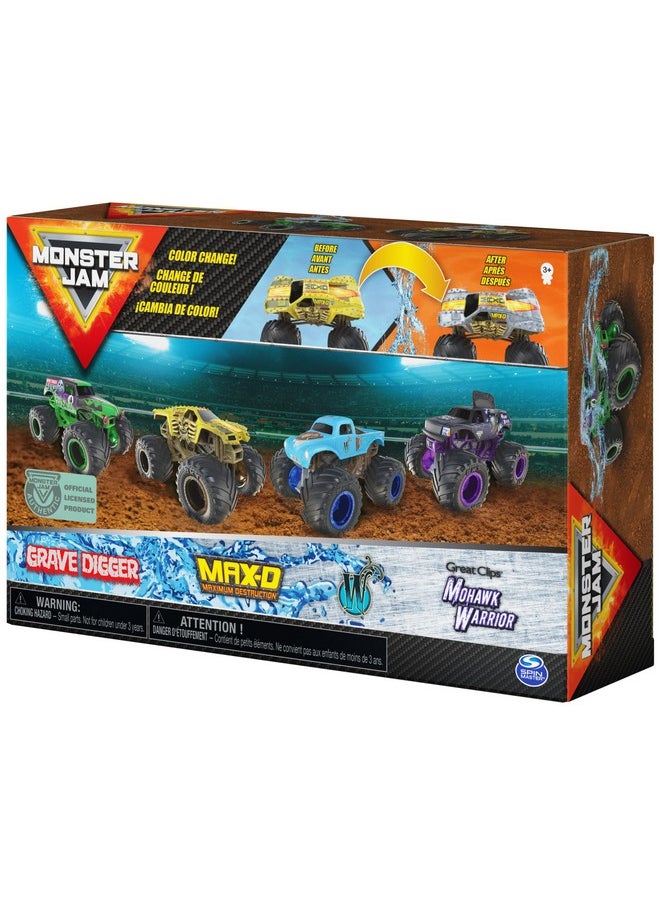 Monster Jam, Official Reveal The Steel 4-Pack of Color-Changing Die-Cast Monster Trucks, 1:64 Scale