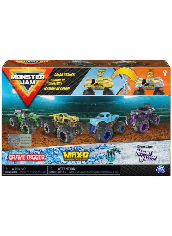 Monster Jam, Official Reveal The Steel 4-Pack of Color-Changing Die-Cast Monster Trucks, 1:64 Scale