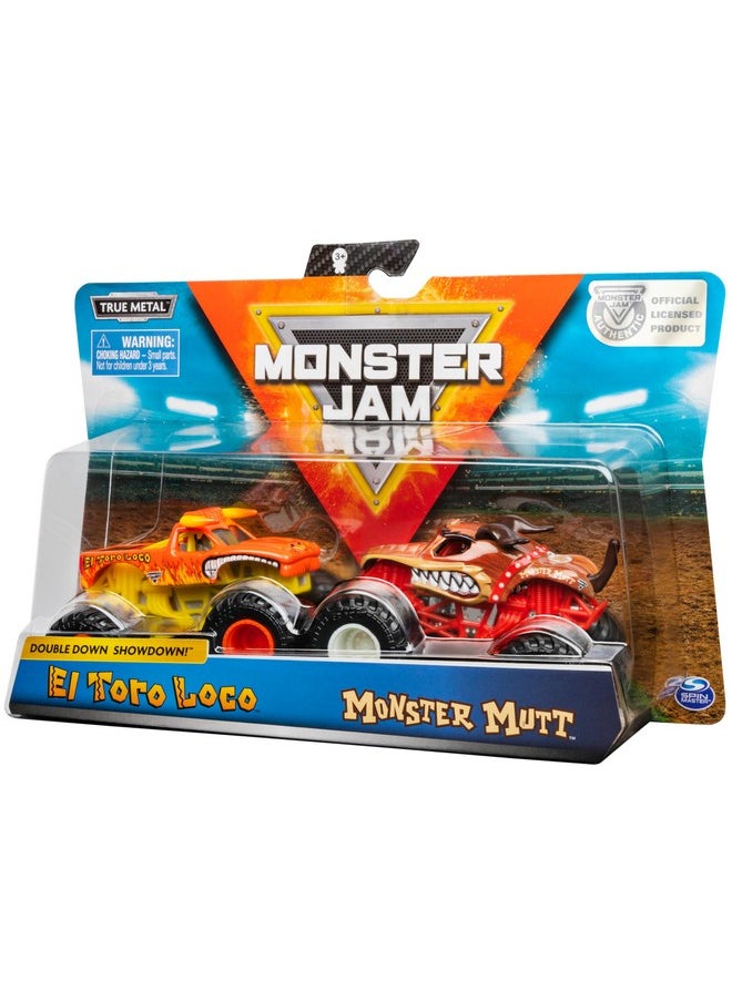 Monster Jam El Toro Loco vs Monster Mutt Monster Truck Duo Pack- True Metal 1:64 Scale Die-Cast Twin Showdown Pack- BKT Tires Work on All 1:64 Tracks- Authentic Collectible For Fans & Birthday Parties