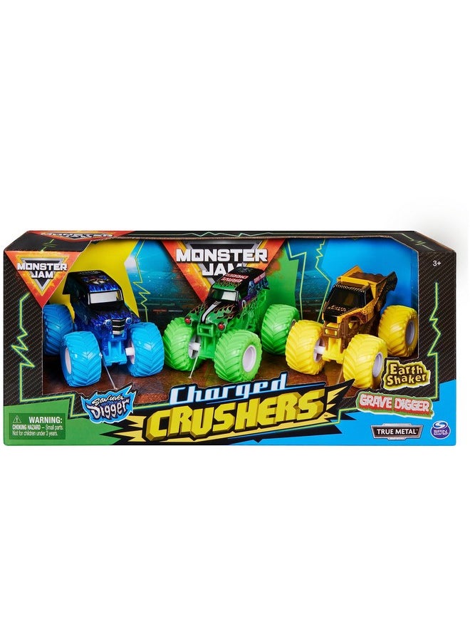 Monster Jam, Charged Crushers 3-Pack (Grave Digger, Son-Uva Digger and Earth Shaker), 1:64 Scale