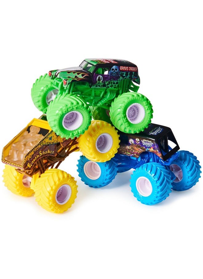 Monster Jam, Charged Crushers 3-Pack (Grave Digger, Son-Uva Digger and Earth Shaker), 1:64 Scale