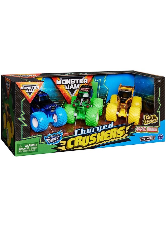 Monster Jam, Charged Crushers 3-Pack (Grave Digger, Son-Uva Digger and Earth Shaker), 1:64 Scale