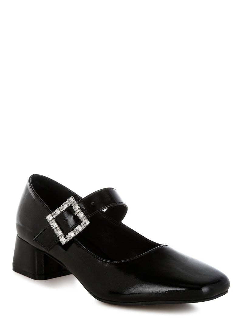 Diamante Brooch Metallic Mary Jane Pumps in Black