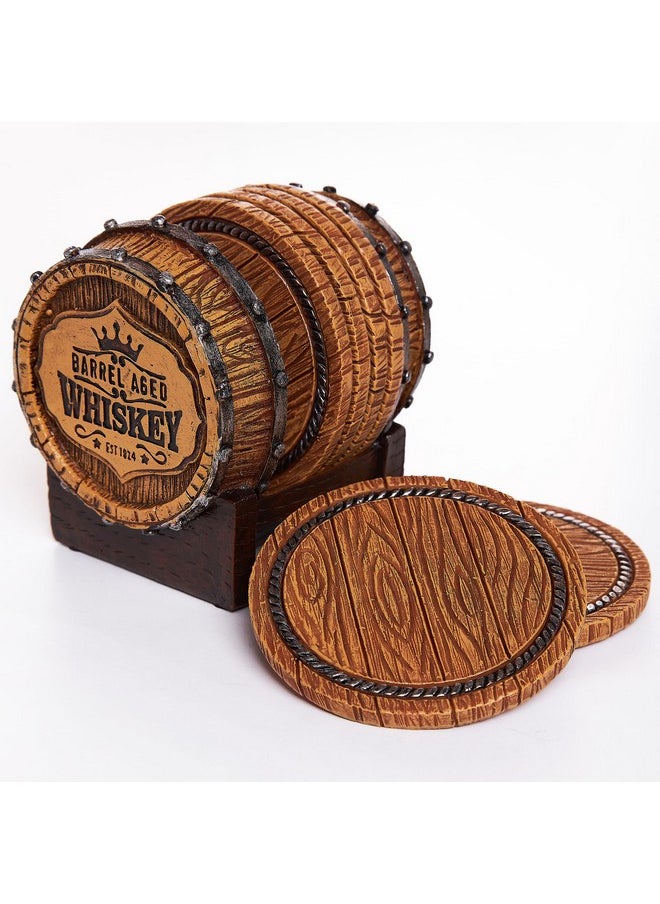 Whiskey Barrel Coaster Set - Handcrafted Whiskey Barrel Decor for Whiskey Lovers and Man Cave Gifts for Men - 6 Full Size Whiskey Coasters with Barrel Style Holder for Man Cave Décor