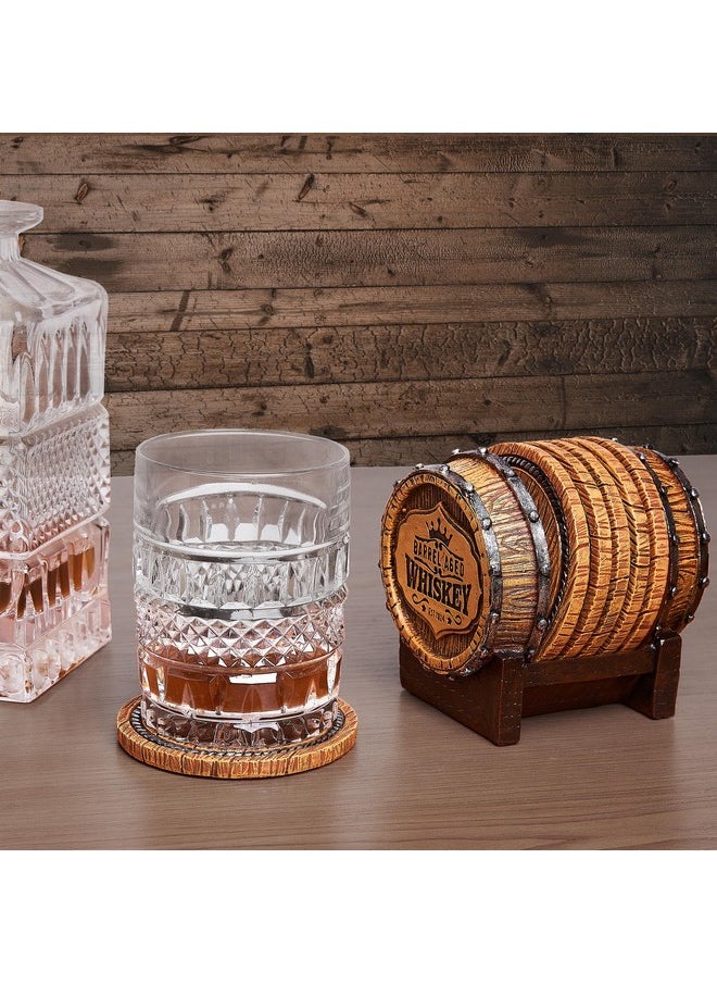 Whiskey Barrel Coaster Set - Handcrafted Whiskey Barrel Decor for Whiskey Lovers and Man Cave Gifts for Men - 6 Full Size Whiskey Coasters with Barrel Style Holder for Man Cave Décor