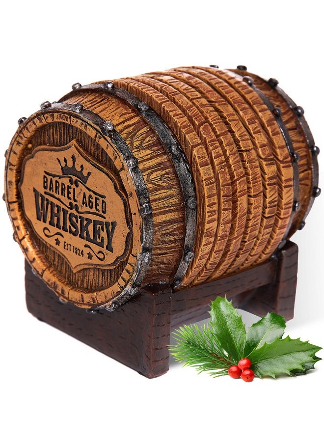 Whiskey Barrel Coaster Set - Handcrafted Whiskey Barrel Decor for Whiskey Lovers and Man Cave Gifts for Men - 6 Full Size Whiskey Coasters with Barrel Style Holder for Man Cave Décor