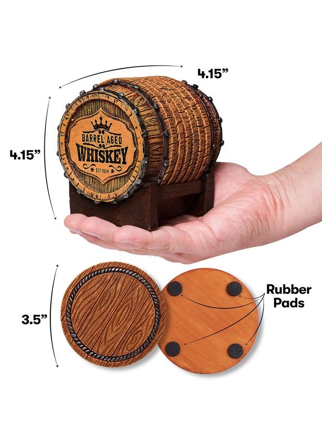 Whiskey Barrel Coaster Set - Handcrafted Whiskey Barrel Decor for Whiskey Lovers and Man Cave Gifts for Men - 6 Full Size Whiskey Coasters with Barrel Style Holder for Man Cave Décor