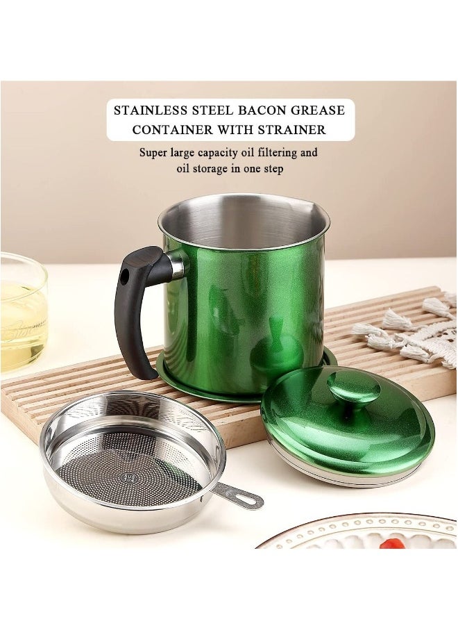 Grease Container with Strainer, 1.4L Stainless Steel Oil Container for Storing Used Cooking Oil with Lid & Handle Suitable for Home Use (Green)