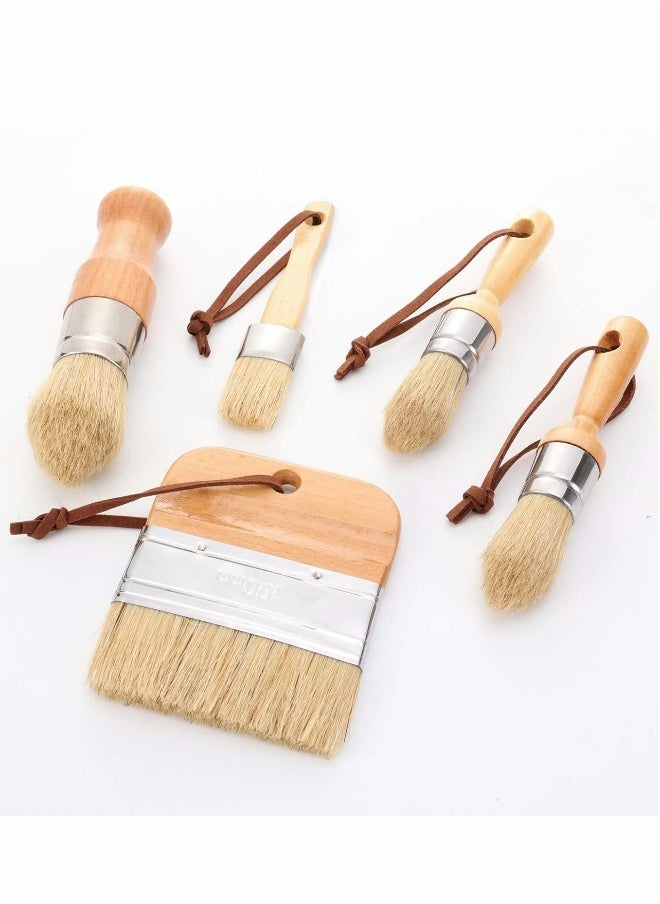 Chalk and Wax Paint Brushes, 5 Pieces Natural Bristles Wooden Handle DIY Painting and Waxing Brushes for Art Craft Wood Furniture Decor