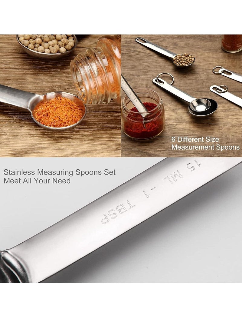 Stainless Steel Measuring Spoons Set, Small Tablespoon, Teaspoons, Set 6 with Bonus Leveler, for Dry and Liquid, Fits in Spice Jars