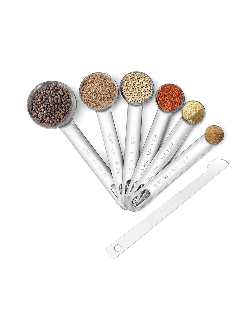 Stainless Steel Measuring Spoons Set, Small Tablespoon, Teaspoons, Set 6 with Bonus Leveler, for Dry and Liquid, Fits in Spice Jars