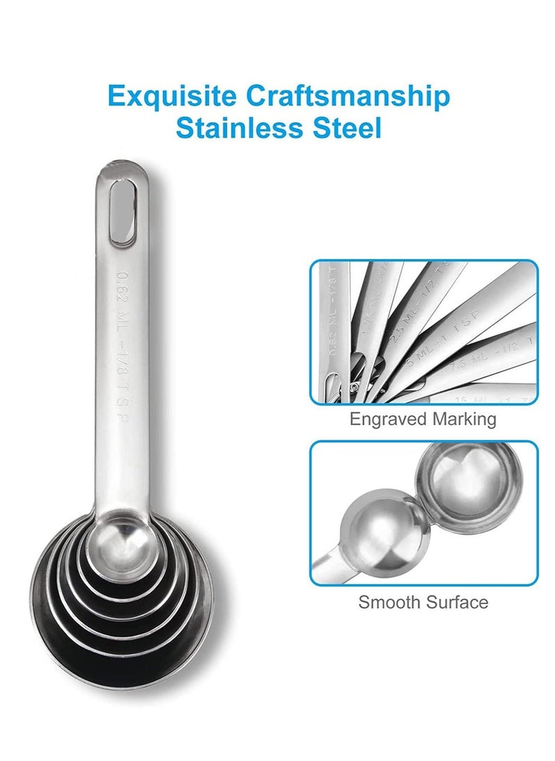 Stainless Steel Measuring Spoons Set, Small Tablespoon, Teaspoons, Set 6 with Bonus Leveler, for Dry and Liquid, Fits in Spice Jars