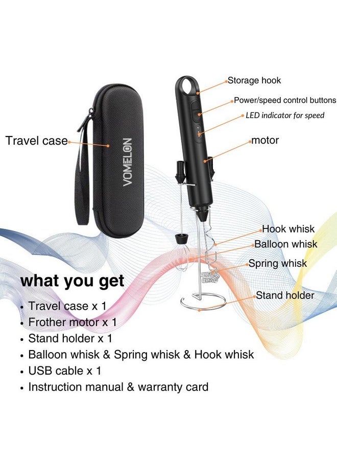 Rechargeable Milk Frother Handheld 3 Speed Coffee Foamer [3 Whisk] Electric Drink Mixer for Latte, Cappuccino, Coffee, Eggs, Hot Chocolate, Protein Black