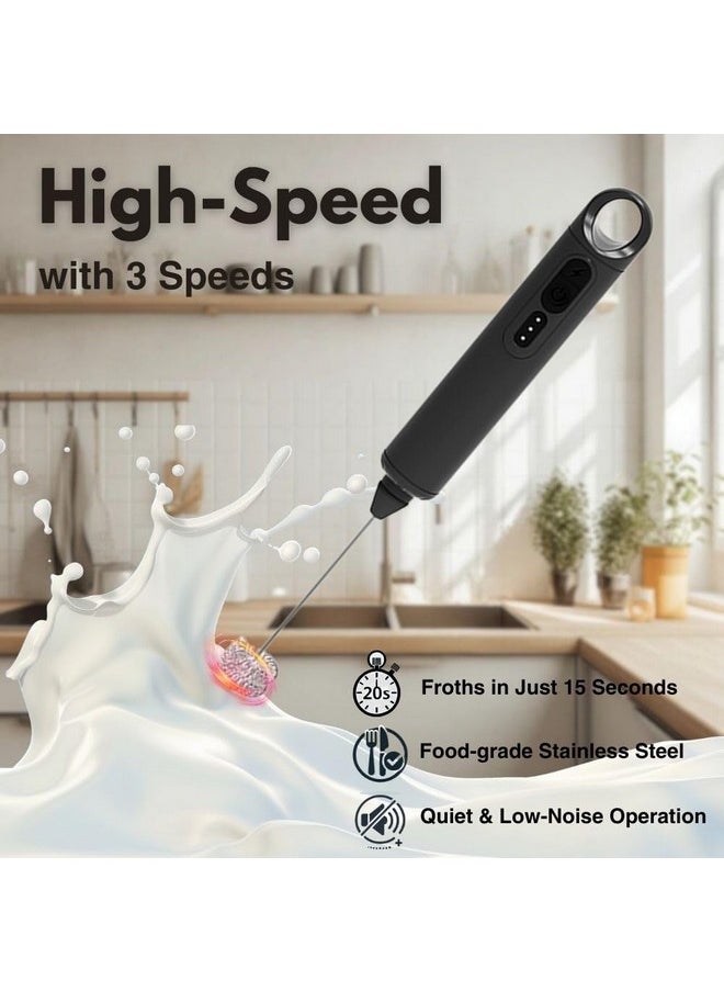 Rechargeable Milk Frother Handheld 3 Speed Coffee Foamer [3 Whisk] Electric Drink Mixer for Latte, Cappuccino, Coffee, Eggs, Hot Chocolate, Protein Black