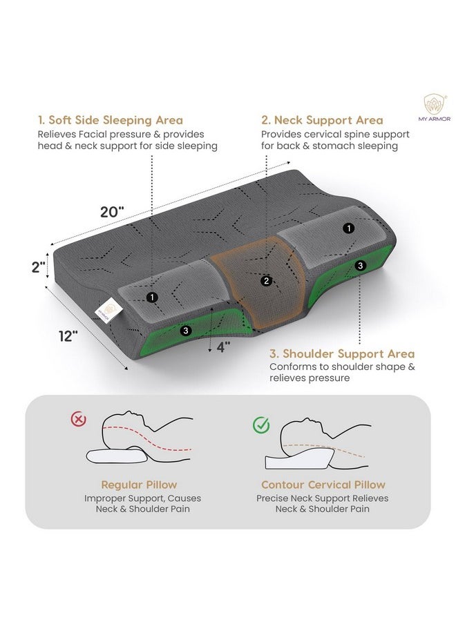MY ARMOR Cool Gel Cervical Pillow for Neck Pain, Spondylitis Neck, Orthopedic Memory Foam Pillow for Sleeping, Extra Curve Neck Support Contour Pillow, Dual Height (20 x 12 x 4 Inches), Pack of 1