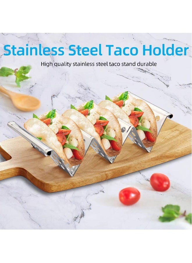 Set of 4 Taco Holders, Stainless Steel Taco Stand Plates, Each Holds 3 Tortillas, with Easy Access Handle, Microwave, Air Fryer, and Oven Safe