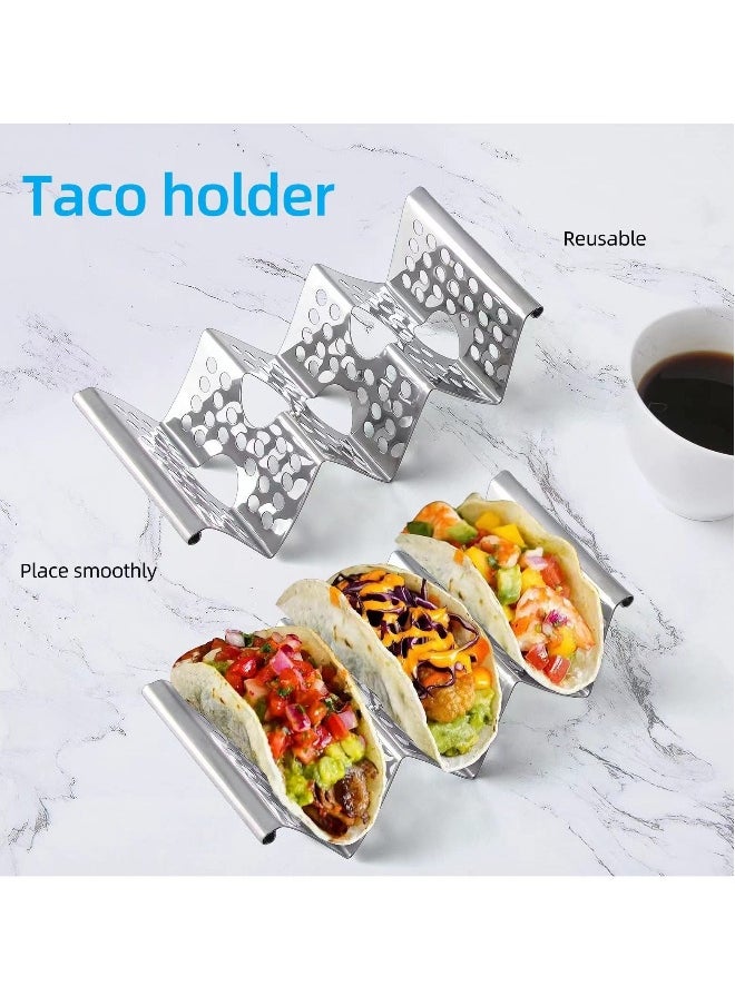 Set of 4 Taco Holders, Stainless Steel Taco Stand Plates, Each Holds 3 Tortillas, with Easy Access Handle, Microwave, Air Fryer, and Oven Safe