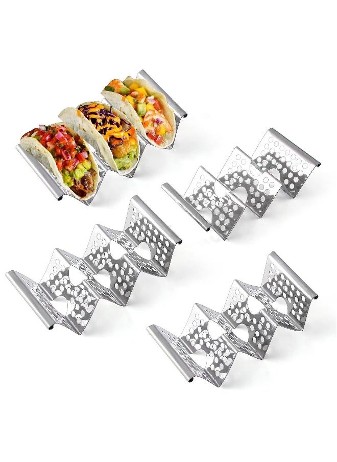 Set of 4 Taco Holders, Stainless Steel Taco Stand Plates, Each Holds 3 Tortillas, with Easy Access Handle, Microwave, Air Fryer, and Oven Safe