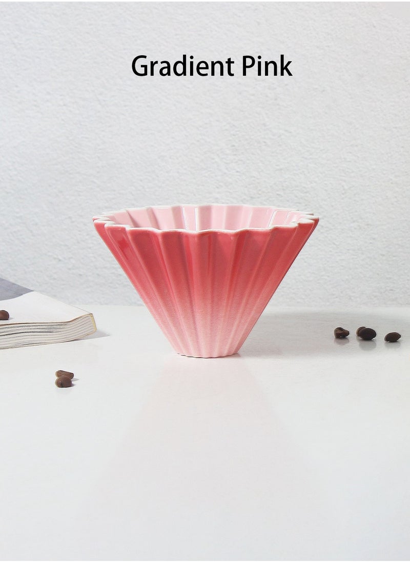 V60 Ceramic Coffee Dripper Origami Style 1-2 Cups(50 Pcs Paper Filters Included) Reusable Pour Over Filter Cup for Cafe Home Office Restaurants Gradient Pink