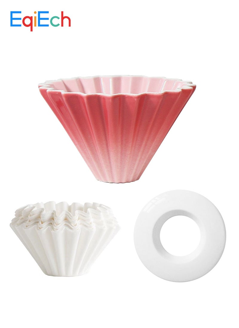 V60 Ceramic Coffee Dripper Origami Style 1-2 Cups(50 Pcs Paper Filters Included) Reusable Pour Over Filter Cup for Cafe Home Office Restaurants Gradient Pink