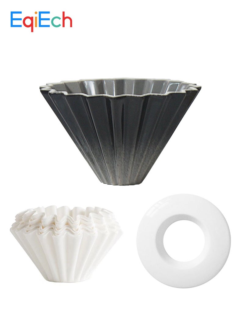 V60 Ceramic Coffee Dripper Origami Style 1-2 Cups(50 Pcs Paper Filters Included) Reusable Pour Over Filter Cup for Cafe Home Office Restaurants Gradient Black