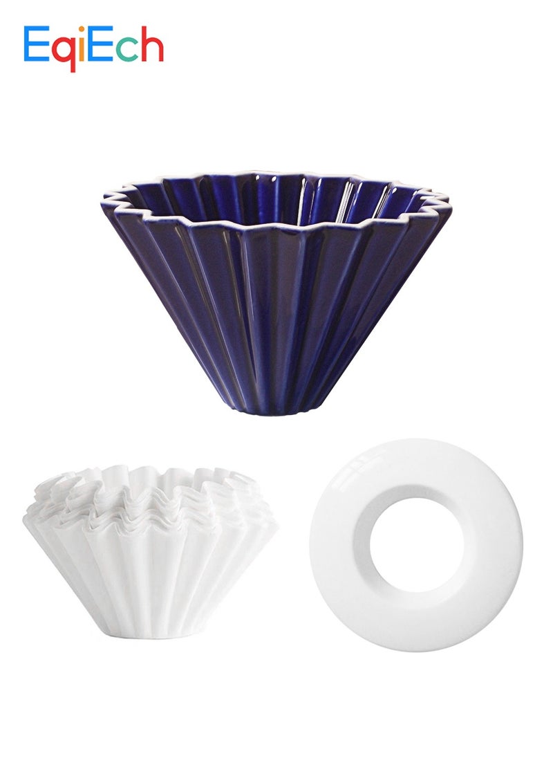 V60 Ceramic Coffee Dripper Origami Style 1-2 Cups(50 Pcs Paper Filters Included) Reusable Pour Over Filter Cup for Cafe Home Office Restaurants Royal Blue