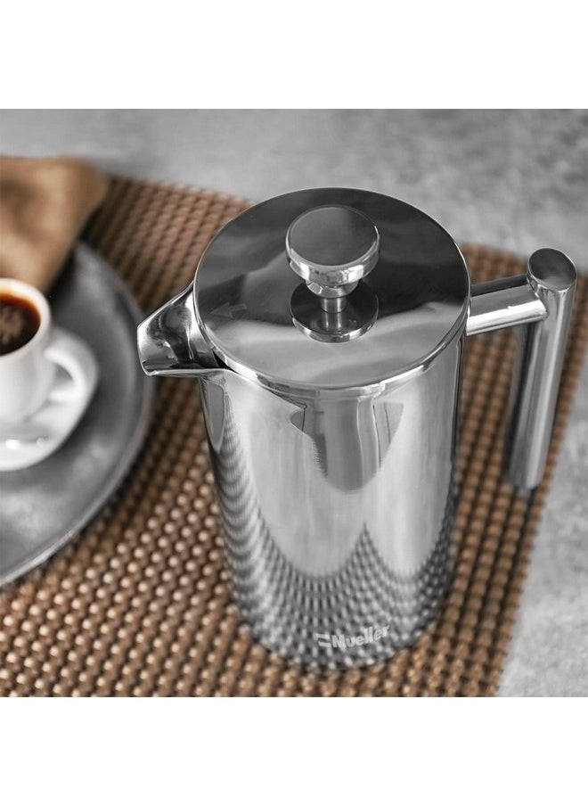 MuellerLiving French Press Coffee Maker 20oz, Stainless Steel French Press Coffee, 4 Filter Heat Resistant Double Insulated, Rust-Free, Food Grade, Dishwasher Safe Coffee Pot