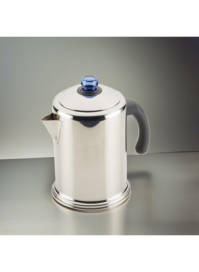 Farberware Classic Stainless Steel Coffee Percolator, 12 Cup, Silver with Glass Blue Knob, 7.28