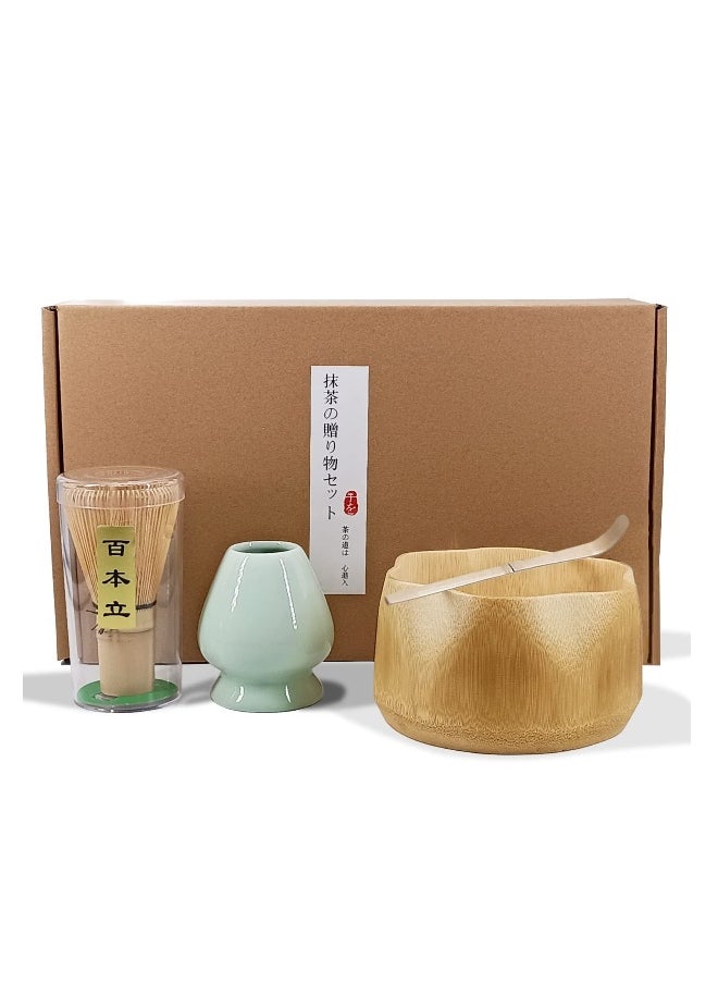 Japanese Matcha Tea Set, Unique Matcha Set - Flower-Shaped Bamboo Matcha Bowl, Matcha Whisk, Green Whisk Stand, Traditional Scoop