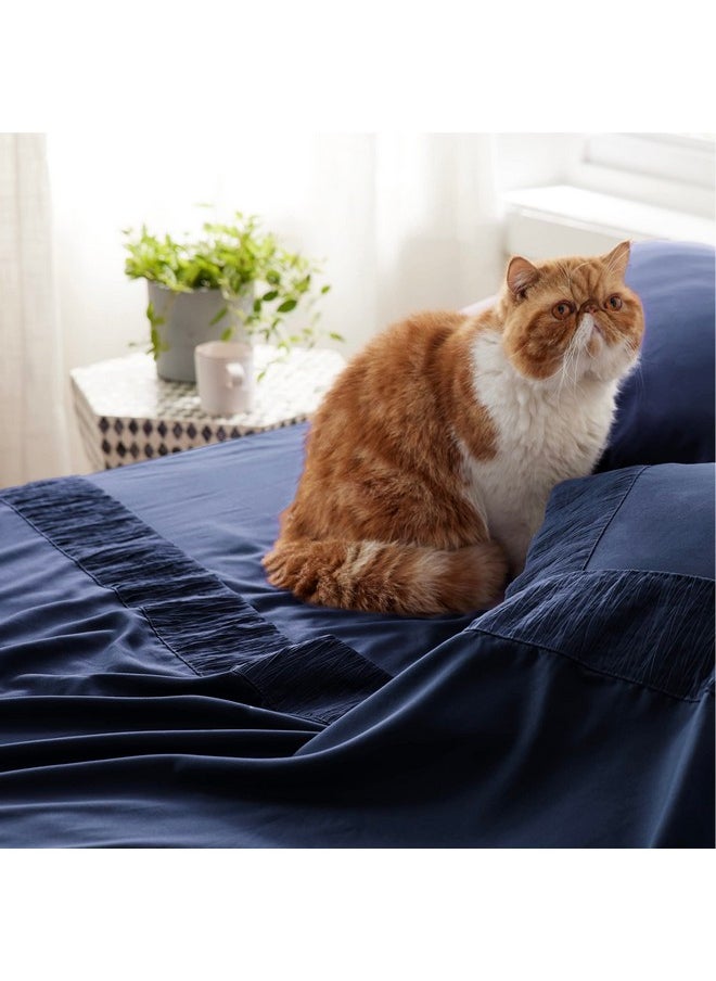 Bedsure Queen Sheets Navy - Soft Sheets for Queen Size Bed, 4 Pieces Hotel Luxury Queen Sheet Set, Easy Care Polyester Microfiber Cooling Bed Sheet Set