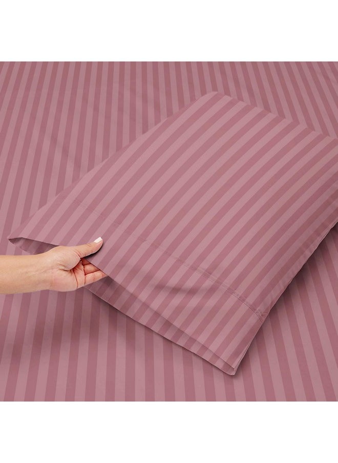 BSB HOME Premium Cotton 220tc Elastic Fitted Bedsheets with 2 Pillow Covers | King Size Bed with All Around Elastic 220 TC Supersoft Striped Pattren Breathable |Size-78 x72+10 inches |Pink