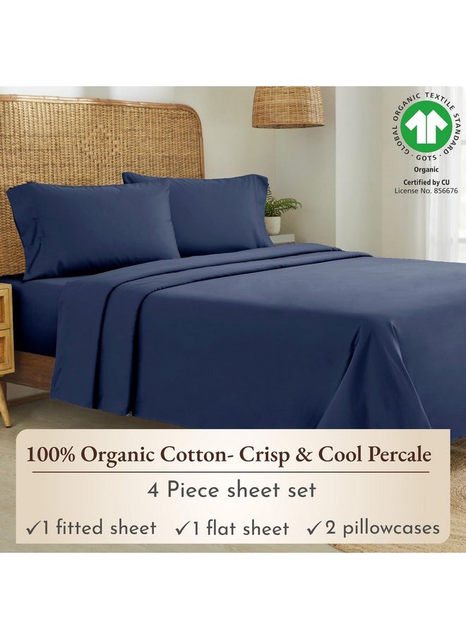 California Design Den 100% Organic Cotton Queen Size Sheet Set, Deep Pockets Percale Sheets Queen, GOTS Certified Luxury Cotton Sheets for Queen Size Bed, Soft Cooling Sheets, Navy Blue Sheets