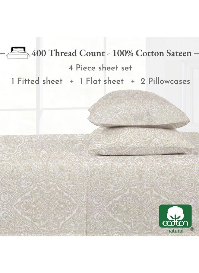 California Design Den Queen Sheet Set Paisley - 400 Thread Count 100% Cotton Sateen, Queen Size Sheets Set, Deep Pocket Sheets & Pillowcase Set - Paisley Pattern, Beige