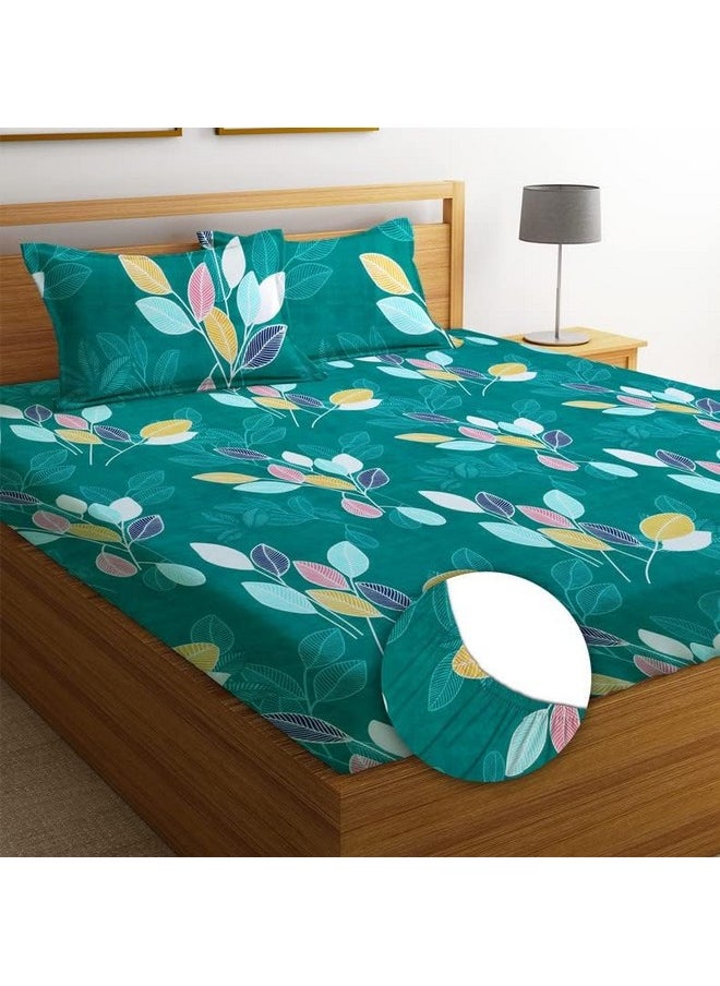 BSB HOME Premium Cotton All Round Elastic Fitted Bedsheets with 2 Pillow Covers | Double Bed with Longlasting 180 TC Supersoft Wrinklefree | for 78x72+10 Mattress (Floral, Dark Green)