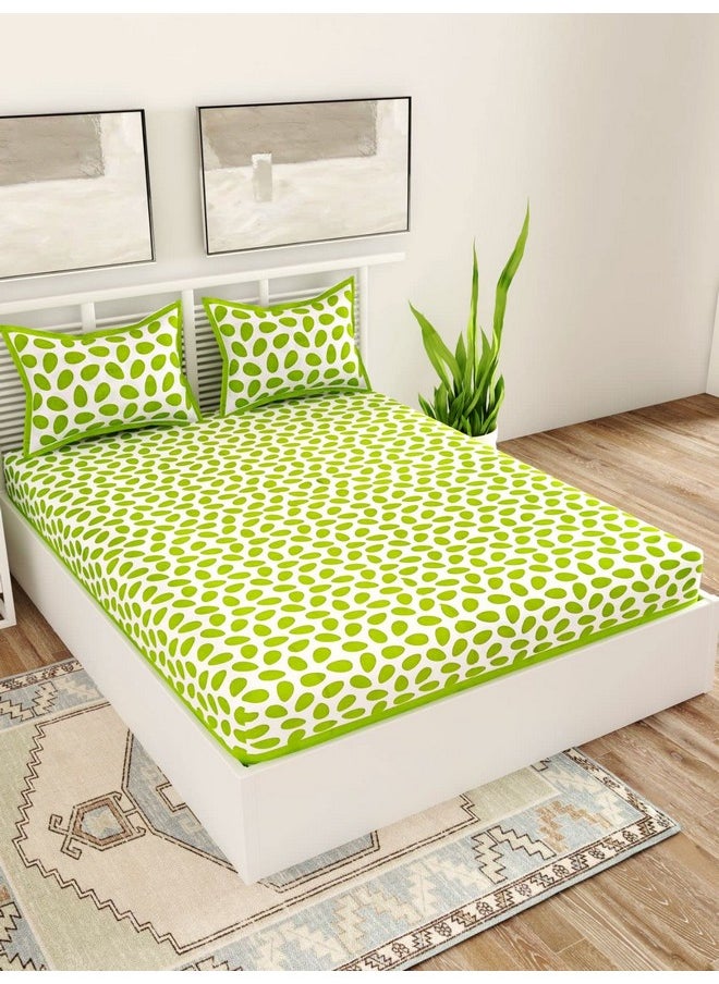 UniqChoice Green Color Cotton Printed Double Bedsheet with 2 Pillow Cover (Polka Dots)