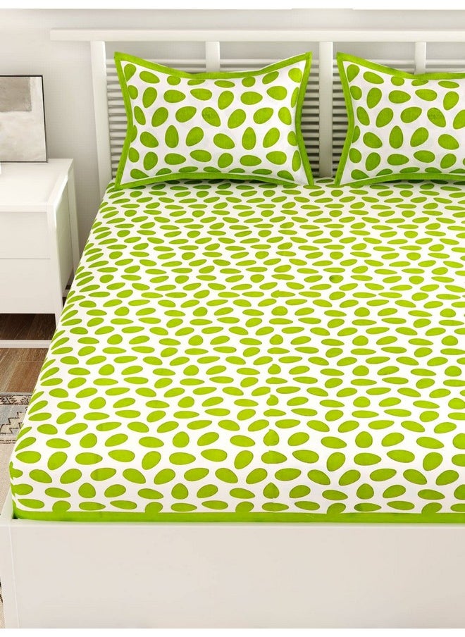 UniqChoice Green Color Cotton Printed Double Bedsheet with 2 Pillow Cover (Polka Dots)