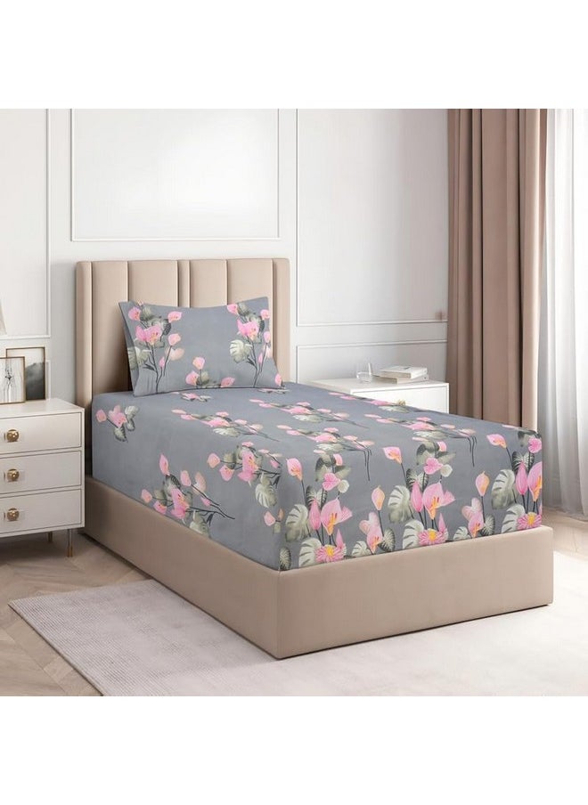 BSB HOME Glace Cotton 220Tc Flat Single Bedsheets for Summer Breathable | Wrinklefree (Size-152 X 228 Cm) with 1 Pillow Covers (Size-17 X 27 Inches, Floral Print Grey & Pink), 220 Tc