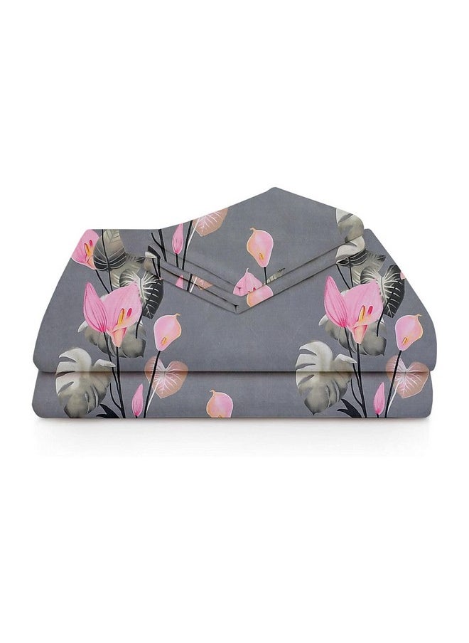 BSB HOME Glace Cotton 220Tc Flat Single Bedsheets for Summer Breathable | Wrinklefree (Size-152 X 228 Cm) with 1 Pillow Covers (Size-17 X 27 Inches, Floral Print Grey & Pink), 220 Tc