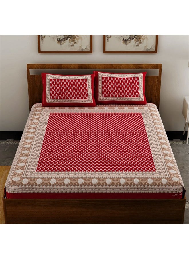 UniqChoice Rajasthani Traditional Printed| 120 TC| 100% Cotton| Double Bedsheet| Bedsheet with 2 Pillow Cover| Red