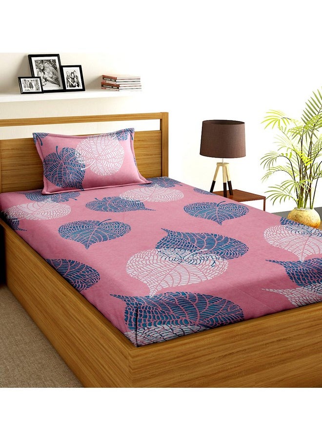 BSB HOME Cotton 160 TC Big Floral Printed Single Bedsheets with 1 King Size Pillow Cover (60X90 Inches, 4.5 x 7 Feet, Pink and White and Green)