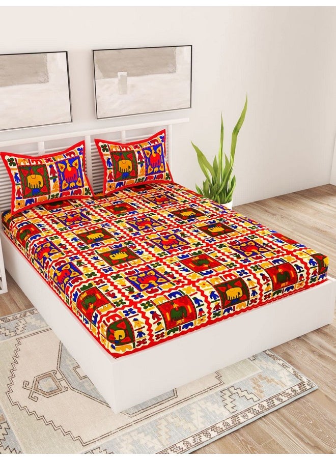 UniqChoice Rajasthani Traditional Printed 120 TC| 100% Cotton| Bedsheet for King Size Bed|Double Bedsheet with 2 Pillow Cover| Red