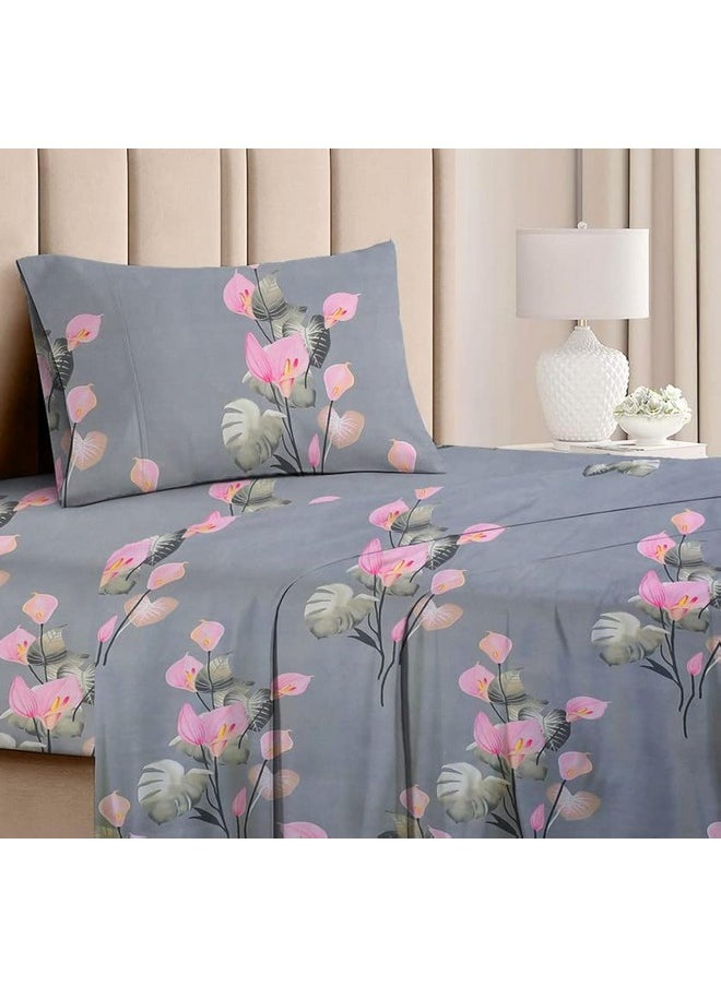 BSB HOME Premium Forever Modern Style Glace Cotton Floral Luxurious Beautiful Soft Comfort Designer Floral Pattern 1 Single Size Bed bedsheet and 1 Pillow Cover- Grey & Pink Flower