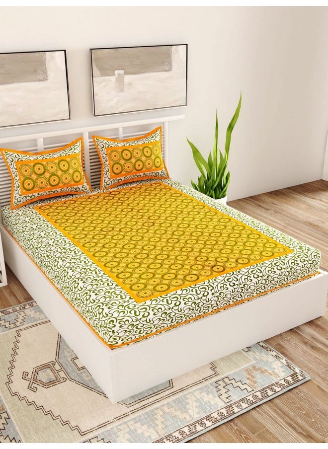 Uniqchoice 144 Tc Cotton Jaipuri Traditional Double Bedsheet with 2 Pillow Covers - King Size, Yellow, 3 Piece