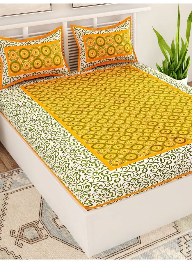 Uniqchoice 144 Tc Cotton Jaipuri Traditional Double Bedsheet with 2 Pillow Covers - King Size, Yellow, 3 Piece