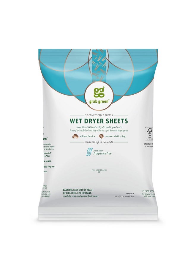 Grab Green Natural Wet Dryer Sheets, Unscented/Free & Clear, Fabric Softener & Static-Reducer, 64 Loads, Reusable & Compostable, Fragrance Free