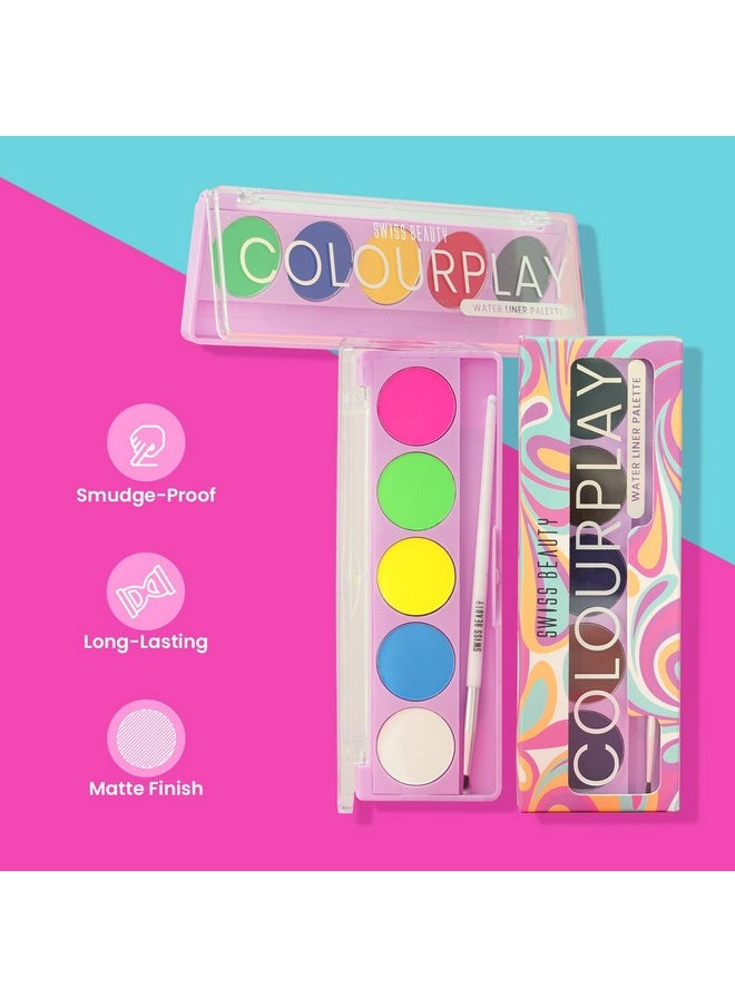 Swiss Beauty ColourPlay 5 in 1 Water Eyeliner Palette with Pigmented shades | Smudge-proof, Long lasting Matte Eyeliner with Flexi Tip Brush| Shade - Neon Party, 5g