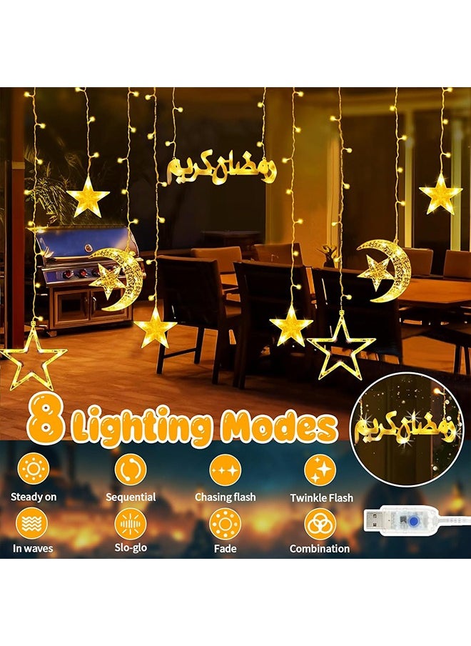 Warm White Moon Star Ramadan Decorations Lights, Window Decoration 8 Modes Indoor Outdoor Lighting