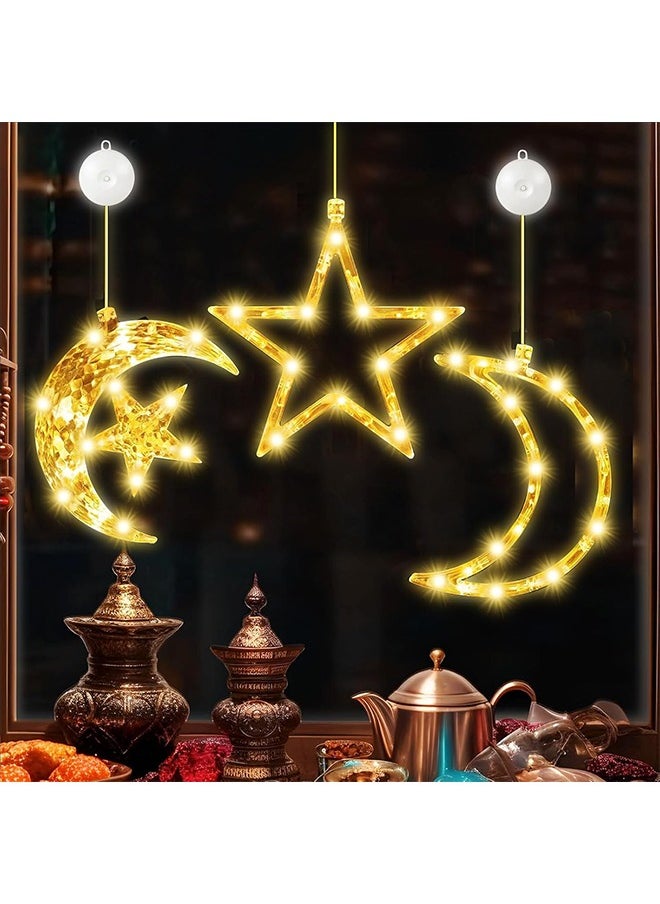 3Pcs Ramadan Decorations Lights with Sucker, Curtain Indoor Hanging Ramadan Star and Moon Lights